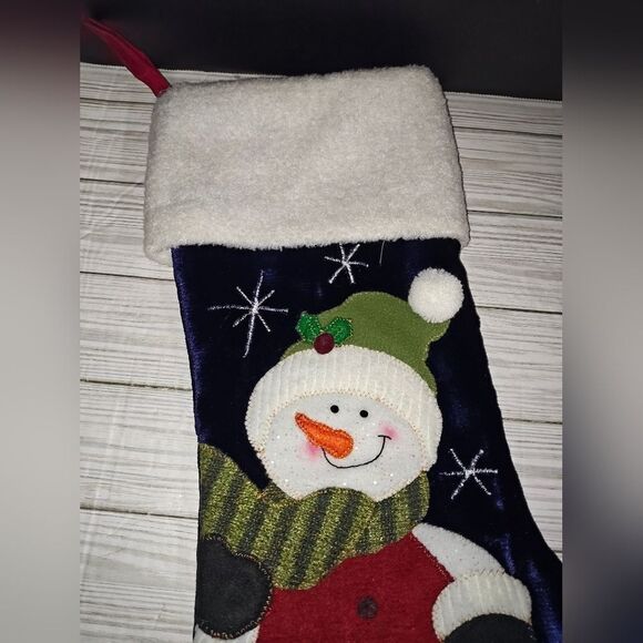 Christmas Holiday Vintage Stocking Sock Snowman In Beanie & Wreath Hanging Decor - Picture 5 of 8